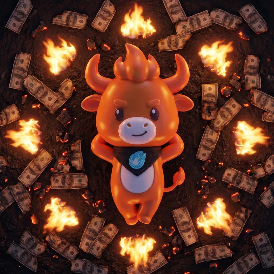 BULT lying in a ring of fire and dollar bills