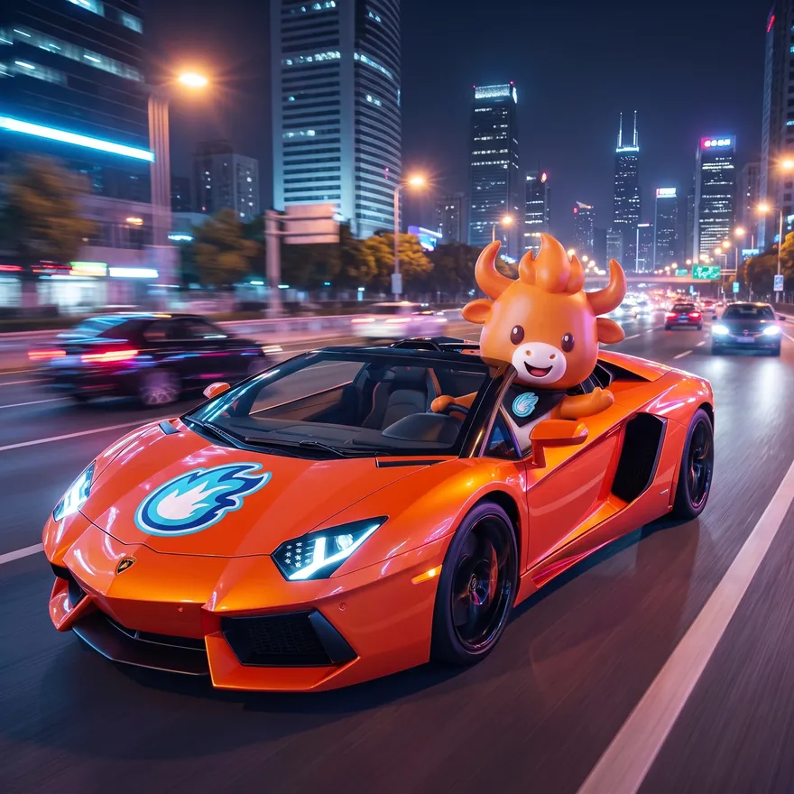 BULT driving an orange sports car through a city at night